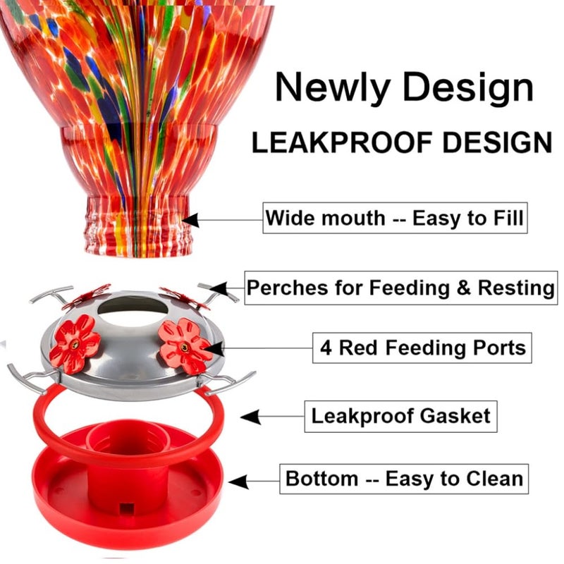 WOSIBO Hummingbird Feeder for Outdoors Patio Large 32 Ounces Colorful Hand Blown Glass Hummingbird Feeder with Ant Moat Hanging Hook, Rope, Brush and Service Card (RED-Firework) - Image 4